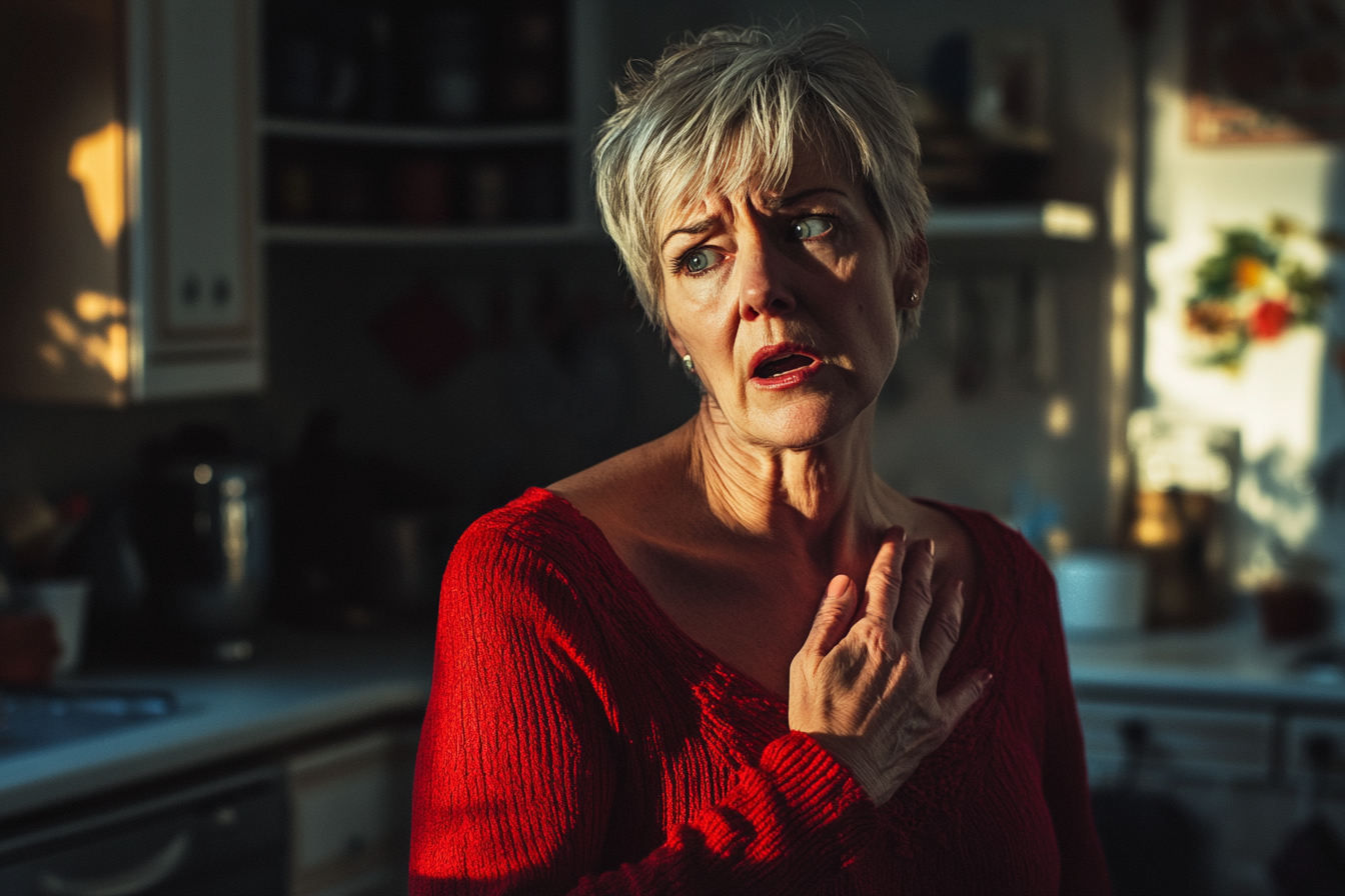 Woman in her 60s touching her chest and looking offended in the kitchen of a home | Source: Midjourney