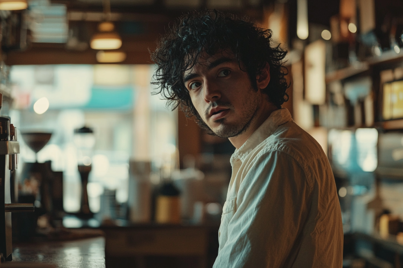 A man stands surprised in a coffee shop | Source: Midjourney