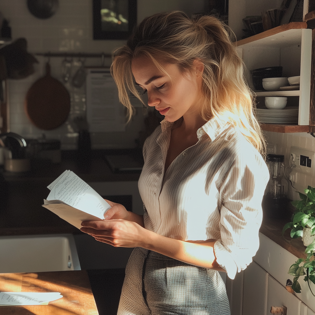 A woman reading a letter in a kitchen | Source: Midjourney