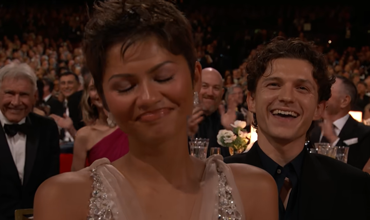 Zendaya reacts with a smile during the 78th Primetime Emmy Awards as Marcello Hernández addresses her from the stage. | Source: YouTube/NBC and Peacock
