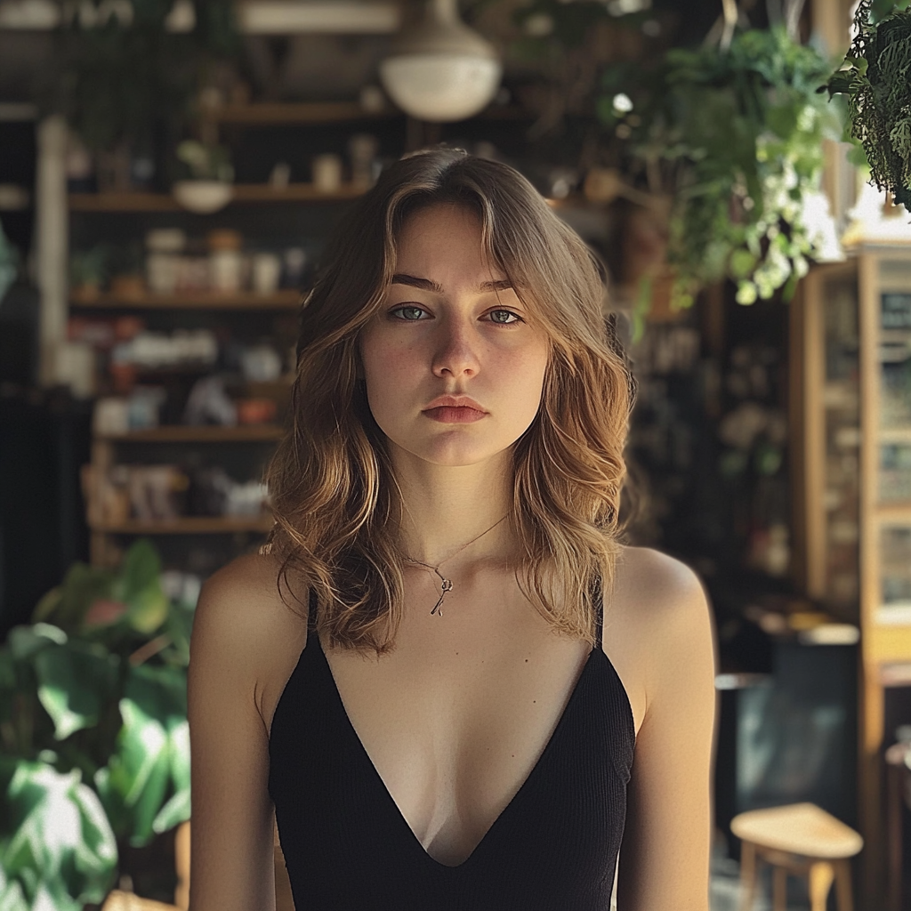 A woman standing in a coffee shop | Source: Midjourney