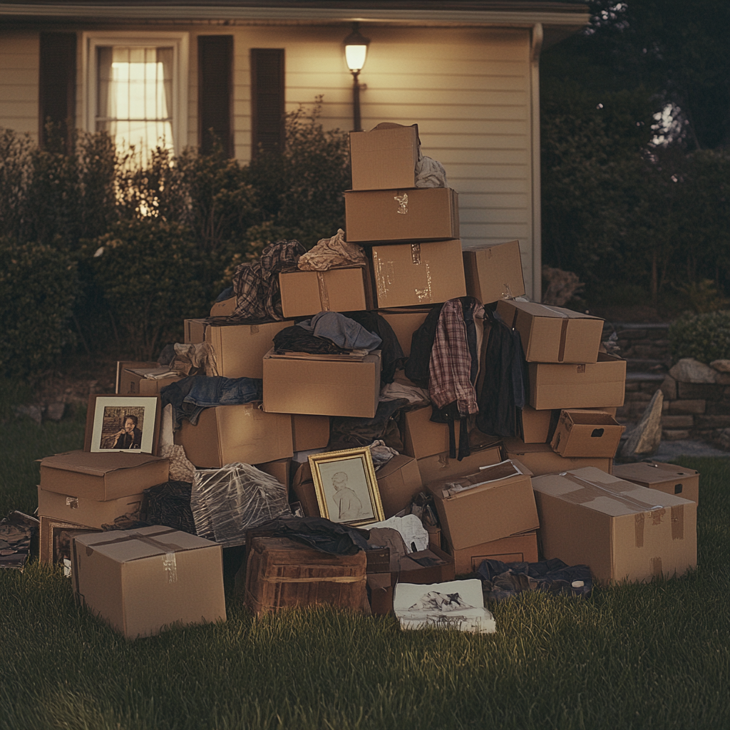 Clothes and personal belongings stashed in a pile of boxes outside a house | Source: Midjourney