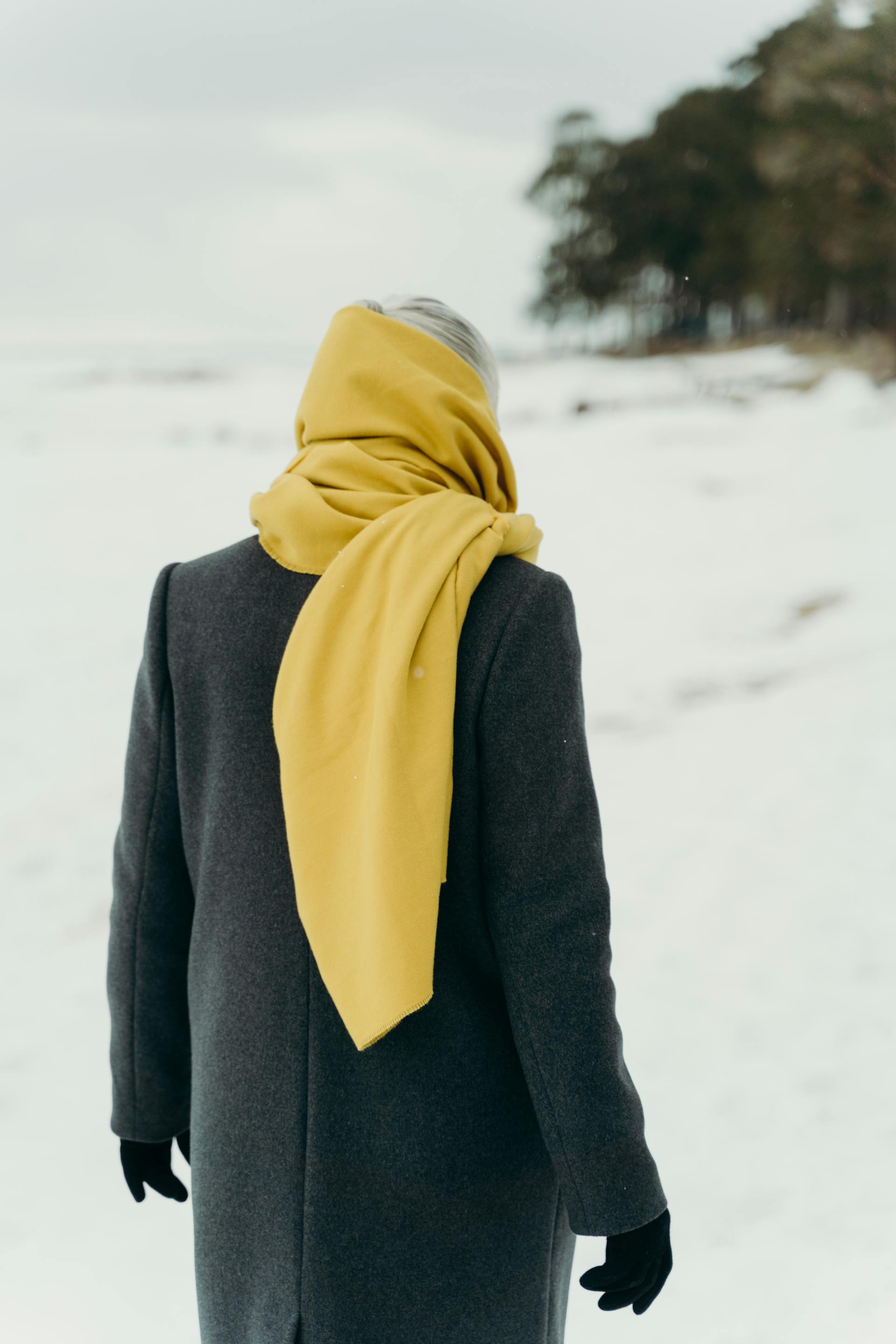 A back view of a senior woman wearing a coat and yellow scarf in the snow | Source: Pexels