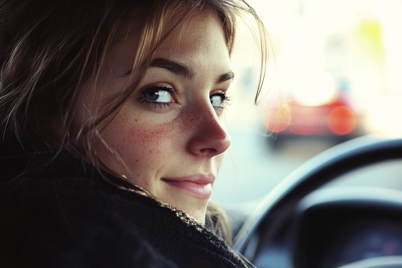 A woman smiling in her car | Source: Midjourney