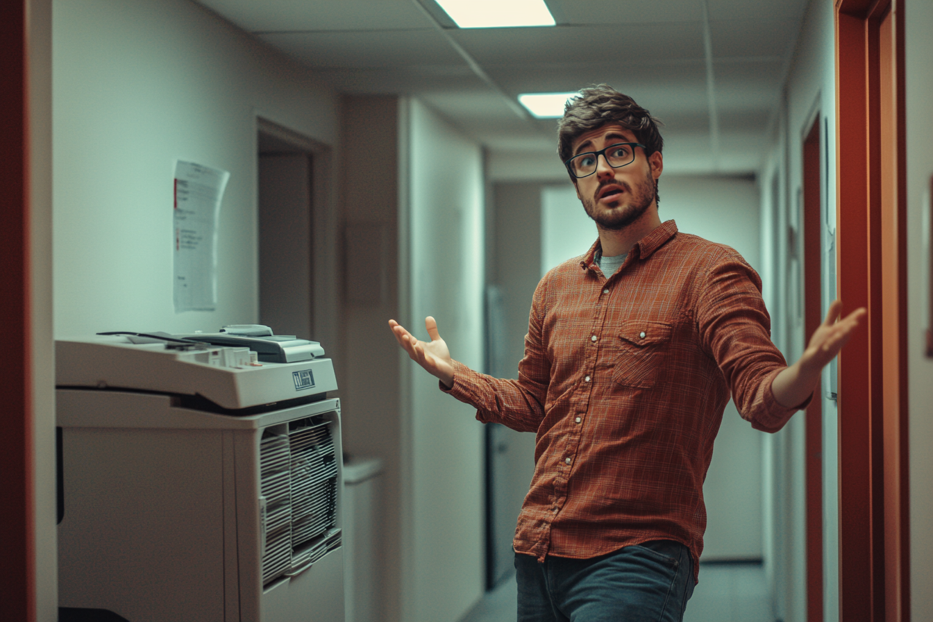 Man shrugging confused next to a paper shredder in an office hallway | Source: Midjourney