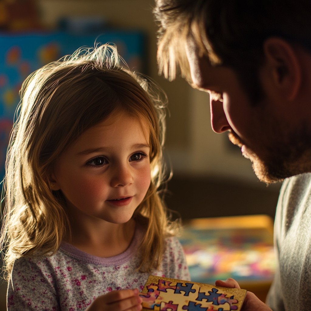 Una niña le muestra un rompecabezas a un hombre | Fuente: Midjourney