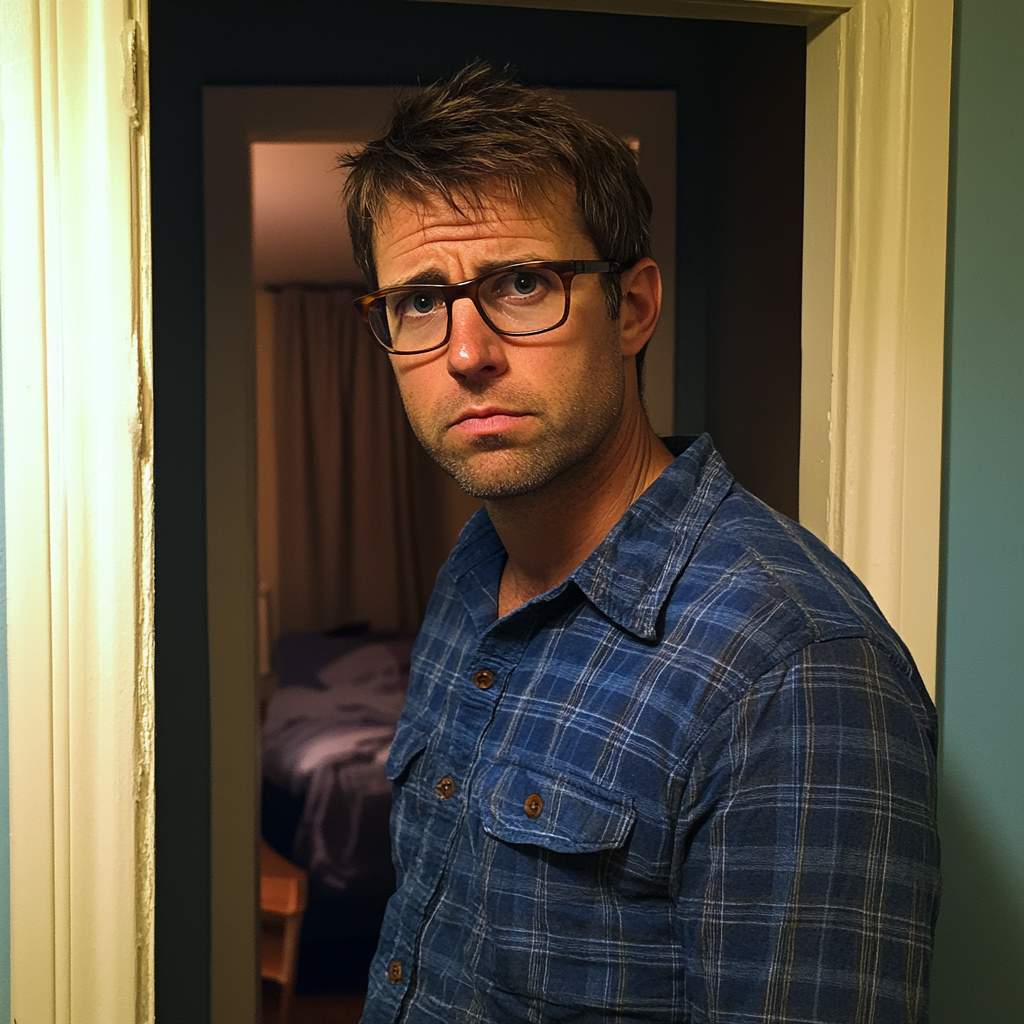 An upset man standing in a doorway | Source: Midjourney