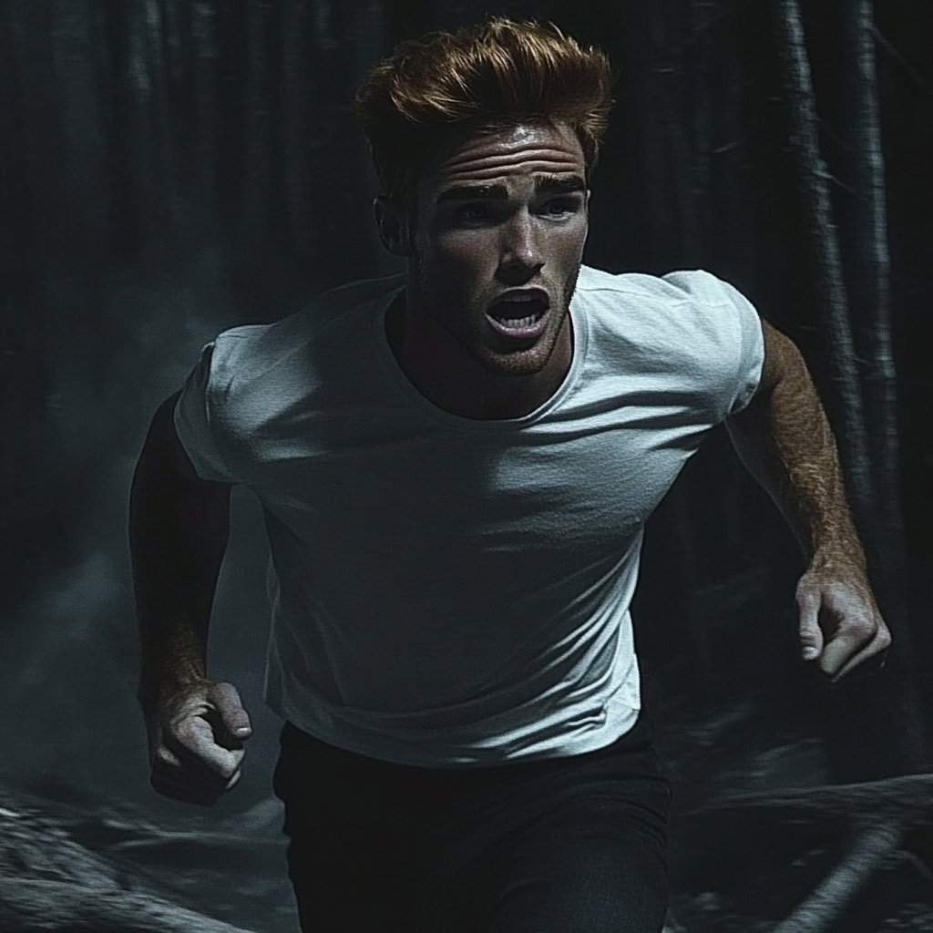 A frightened man running in the woods at night | Source: Midjourney