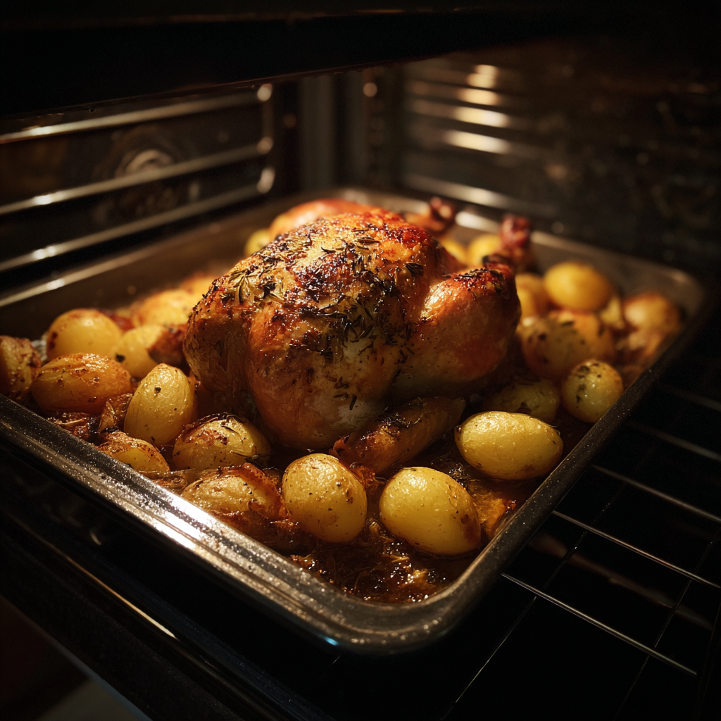 A roast chicken and potatoes in an oven | Source: Midjourney