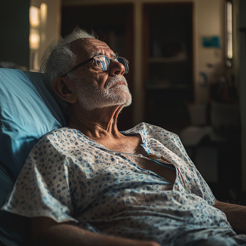 A senior man in a hospital bed | Source: Midjourney