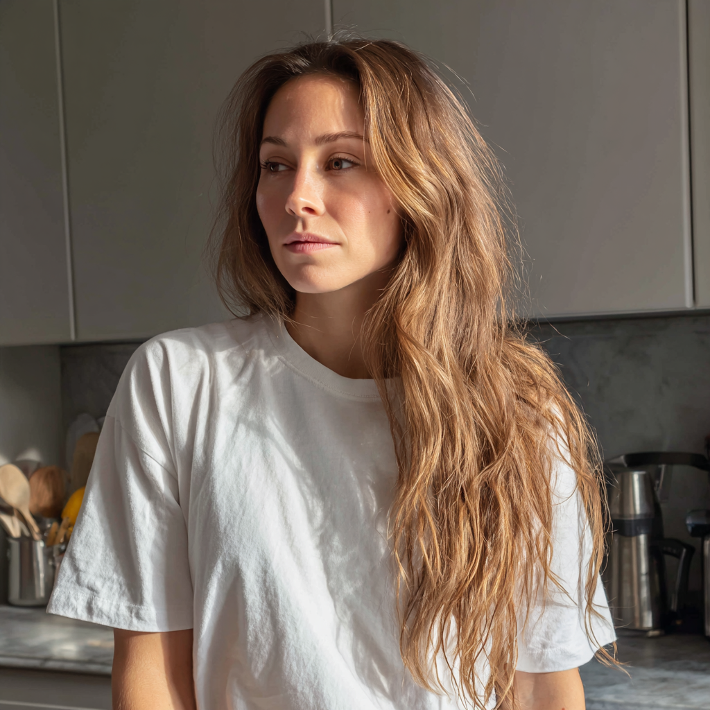 A woman standing in a kitchen wearing a white T-shirt | Source: Midjourney
