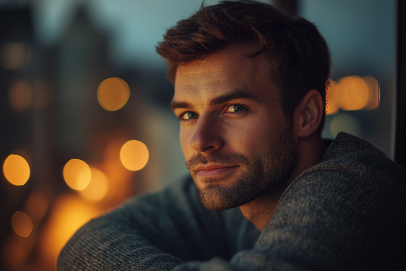 A man on a balcony smiling at someone | Source: Midjourney