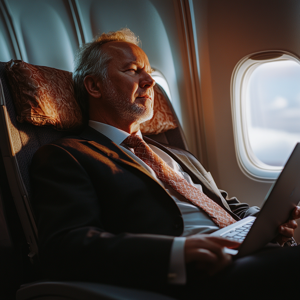 A business man leans back in his airplane seat | Source: Midjourney