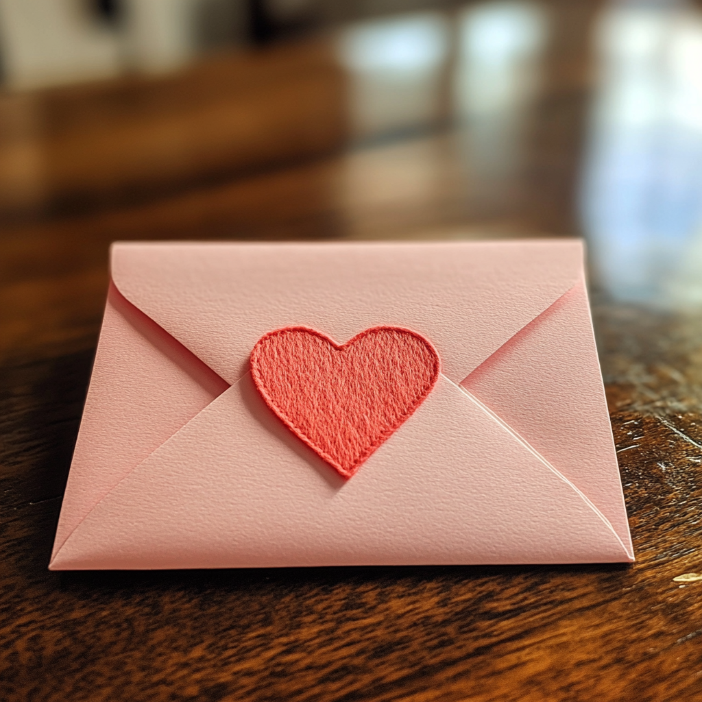 A pink envelope on a table | Source: Midjourney