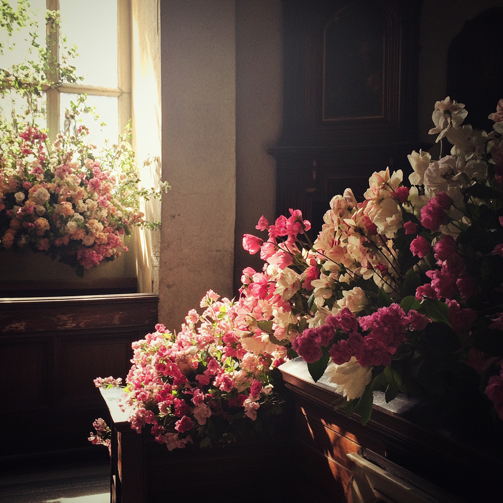 A funeral scene with flowers | Source: Midjourney