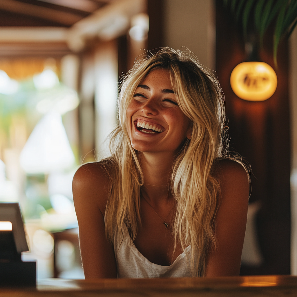 A laughing blonde woman at a front desk | Source: Midjourney