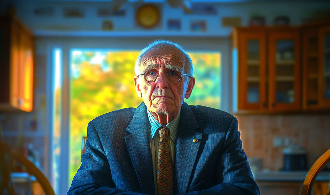 A frowning man at a kitchen table | Source: Midjourney