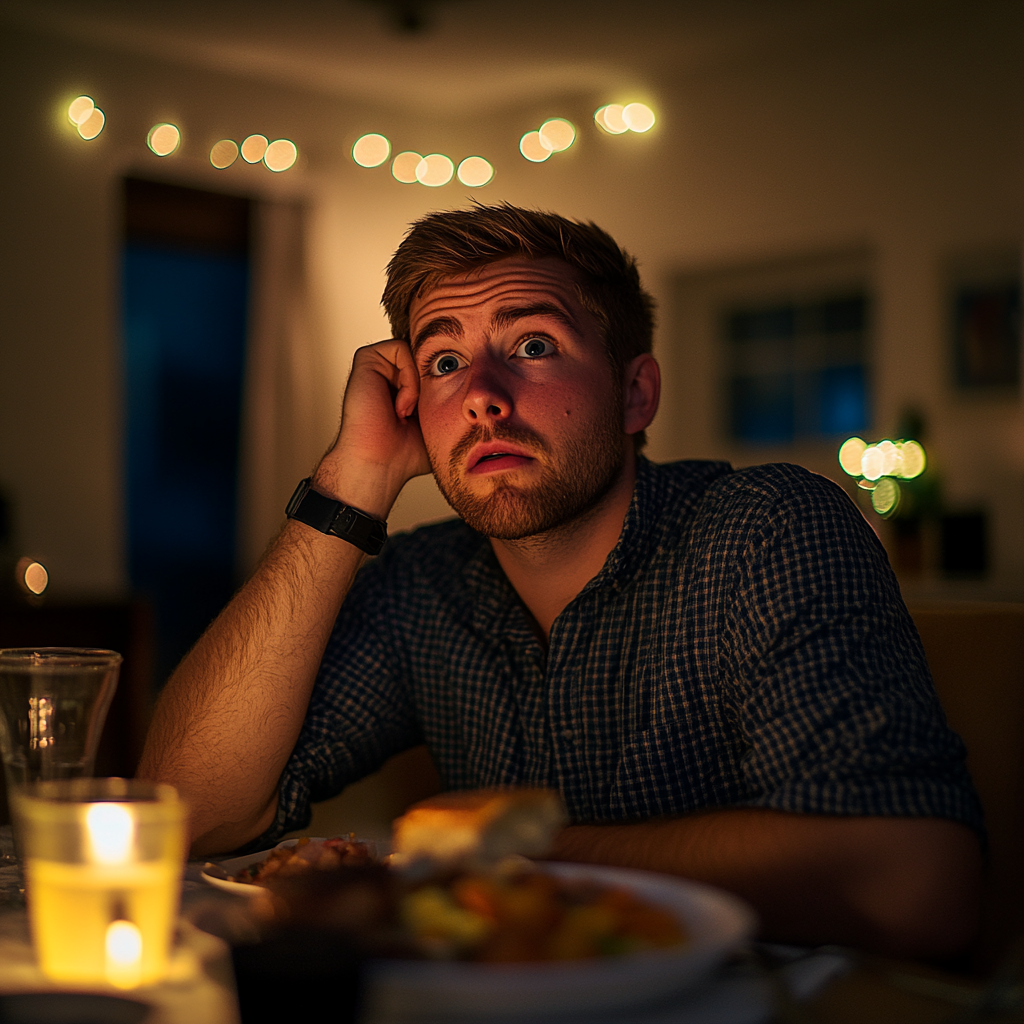 A man looks surprised while sitting at the dinner table | Source: Midjourney