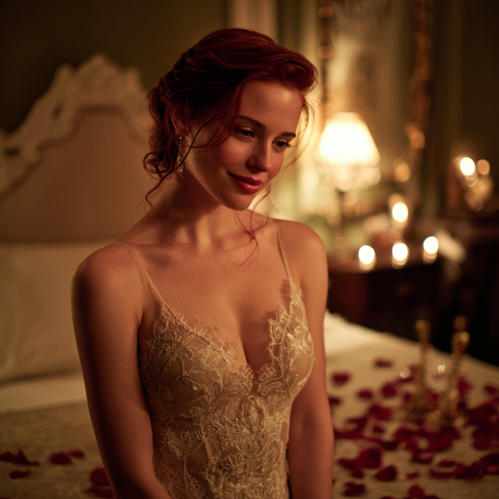 A smiling bride standing in a bedroom | Source: Midjourney
