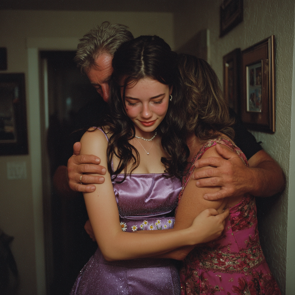 A girl hugging her parents | Source: Midjourney