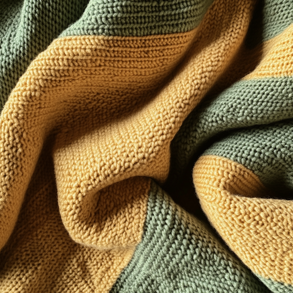 A sage and mustard knitted blanket | Source: Midjourney