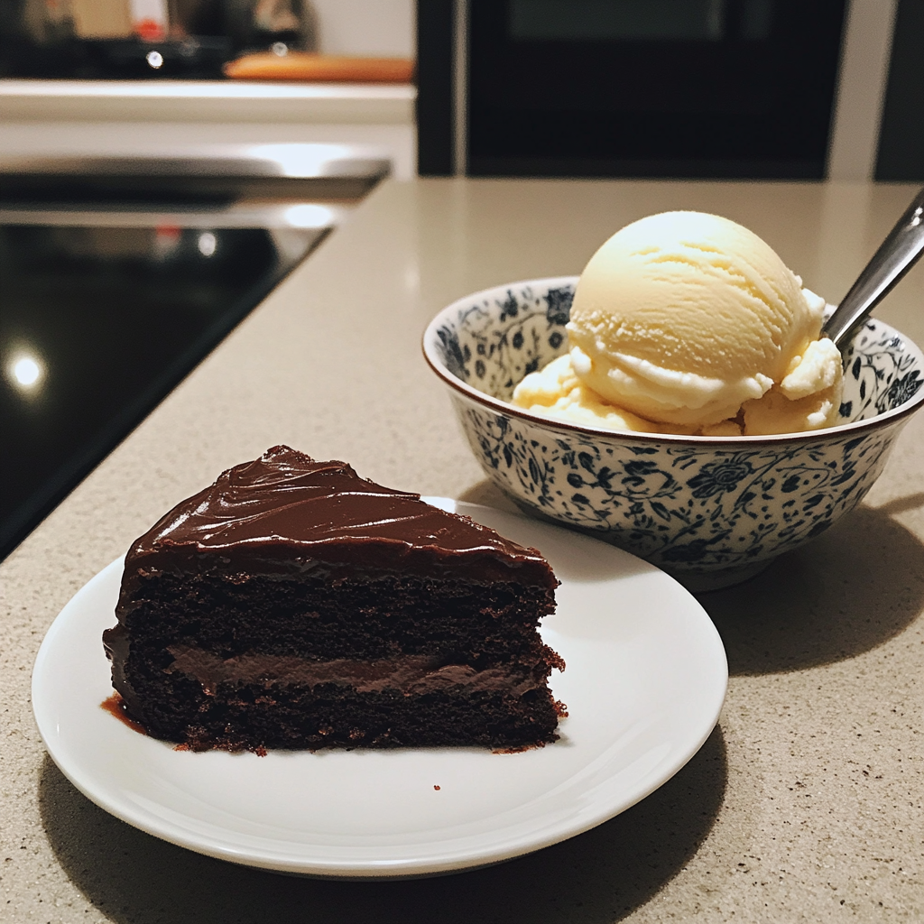 A slice of cake and a bowl of ice cream | Source: Midjourney