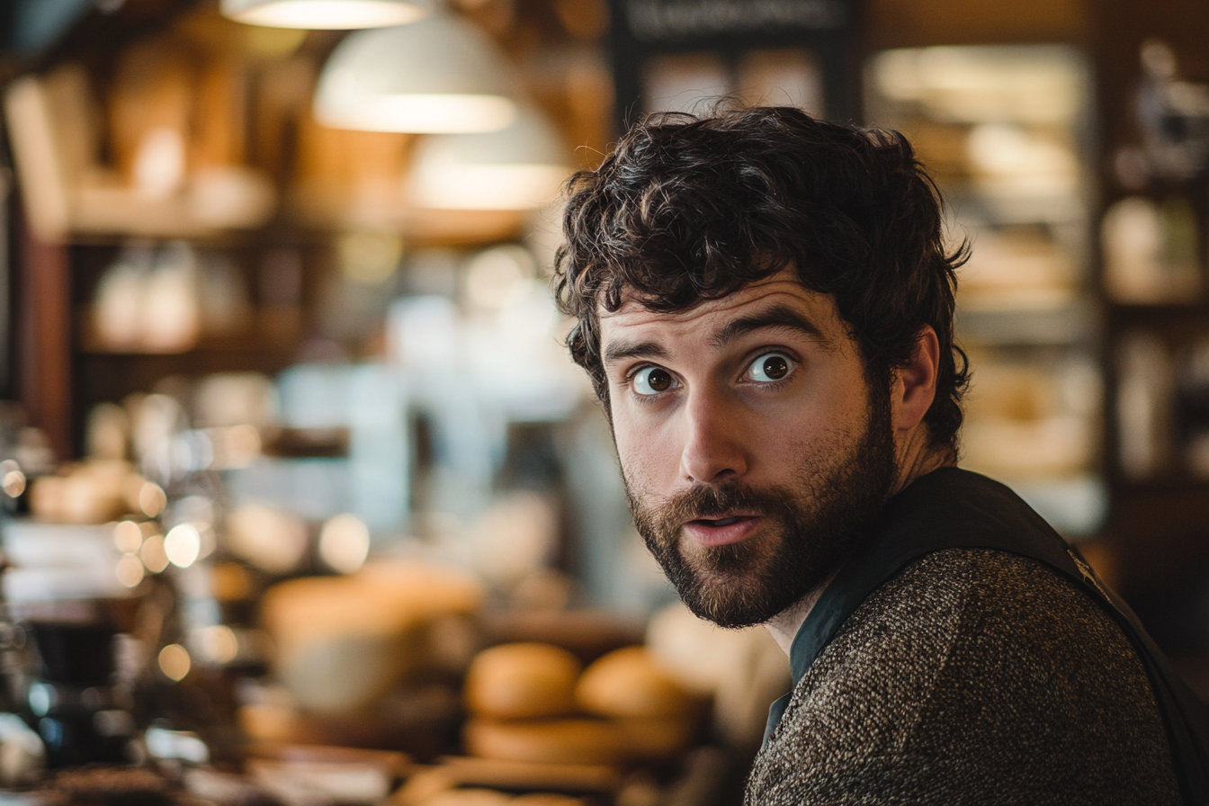 A confused man in a bakery | Source: Midjourney