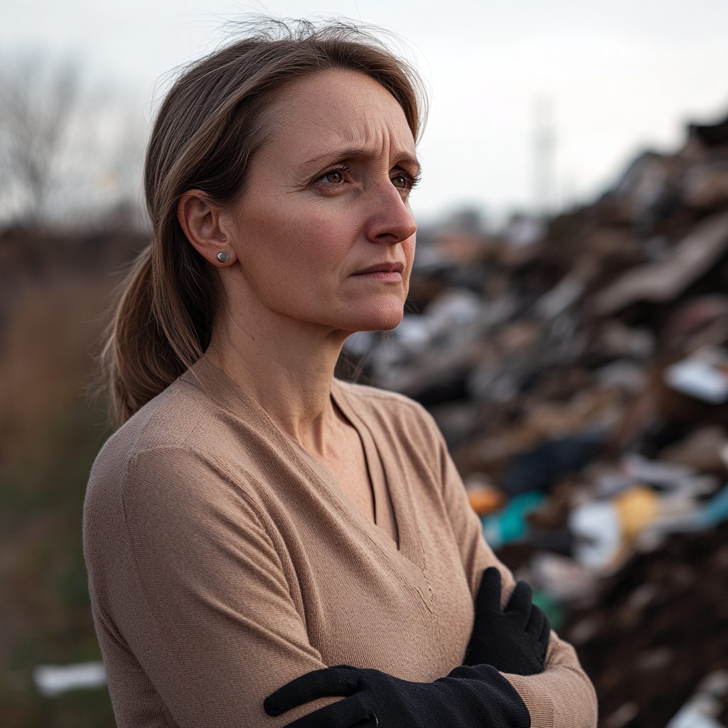 A woman standing at a garbage dump site | Source: Midjourney