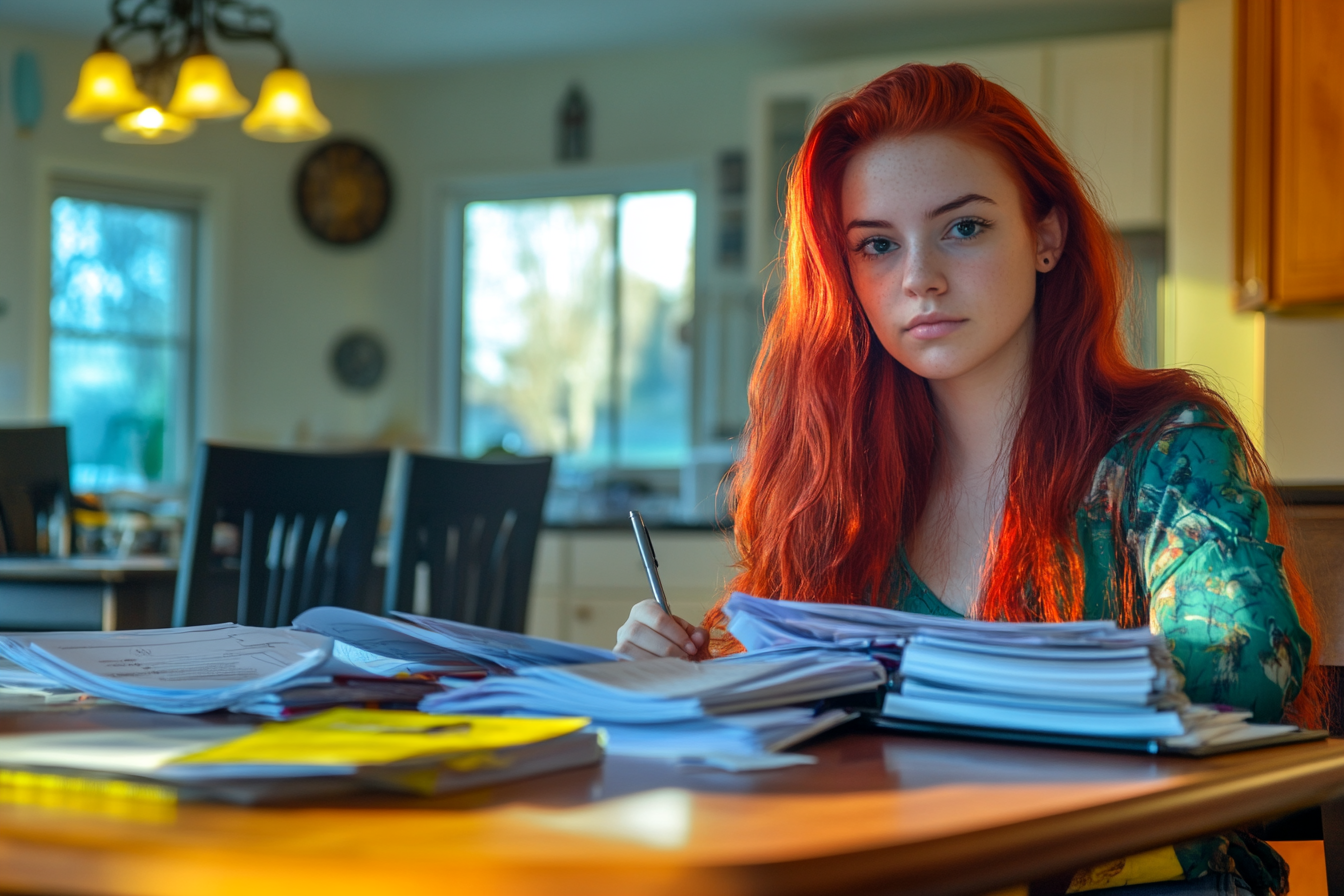 A woman at a kitchen table planning a wedding | Source: Midjourney