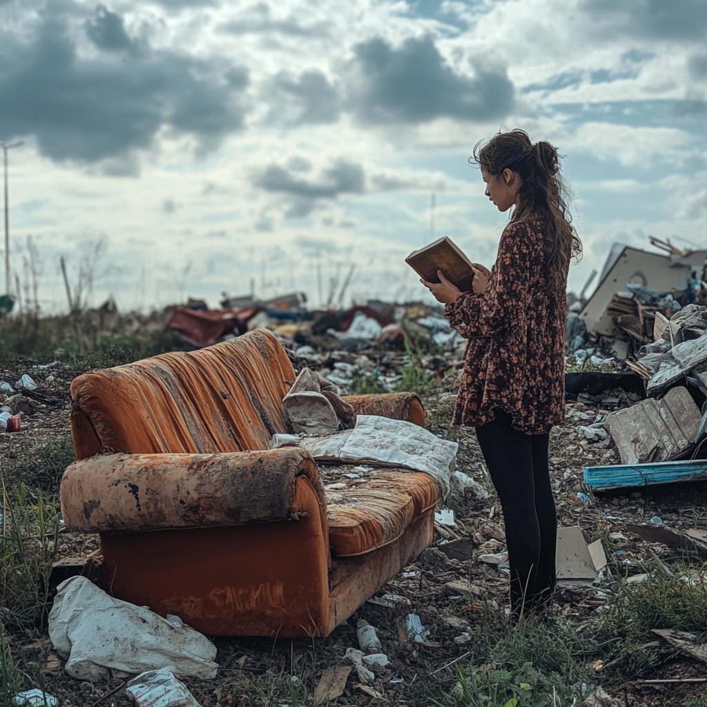 Woman standing next to an old couch in a dumpsite | Source: Midjourney