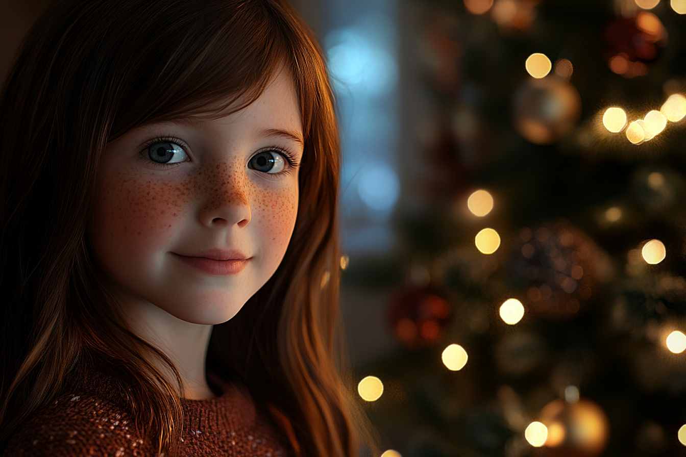 A girl standing near a Christmas tree | Source: Midjourney