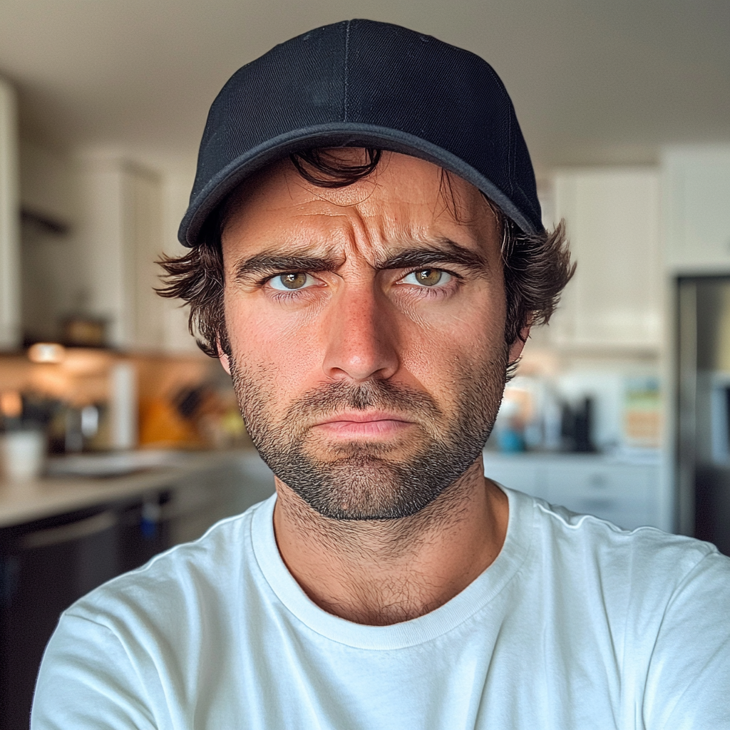 A frowning man standing in a kitchen | Source: Midjourney