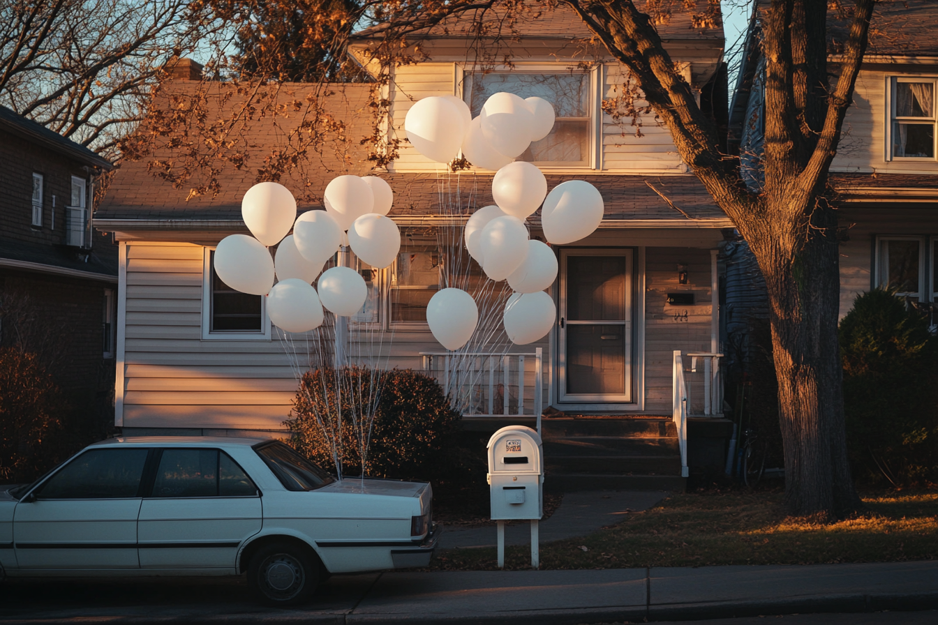 Balloons in front of a house | Source: Midjourney