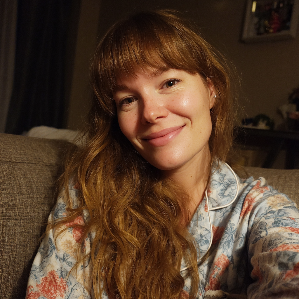 A smiling woman wearing pajamas | Source: Midjourney