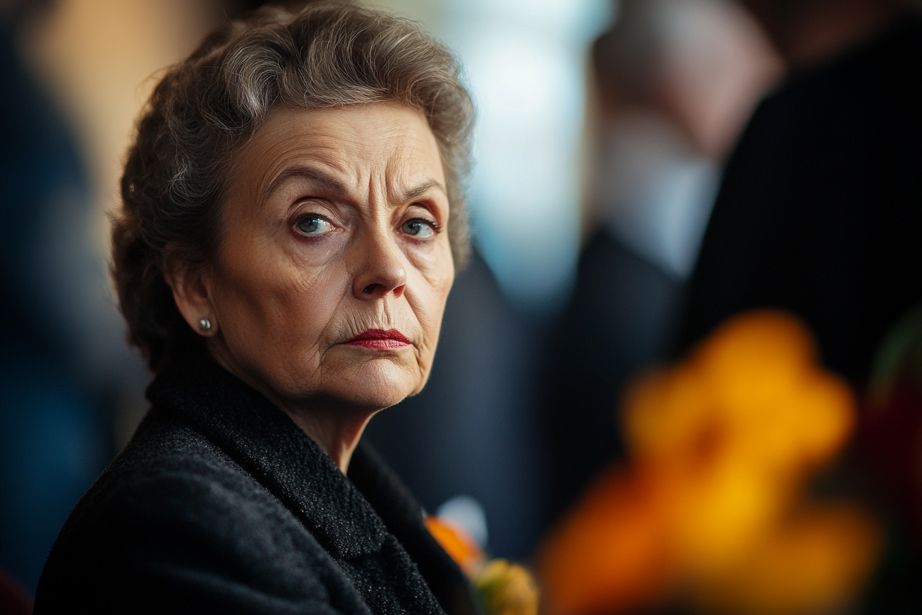 Old woman looking serious at a funeral | Source: Midjourney