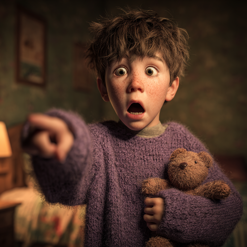 A horrified little boy pointing at something | Source: Midjourney