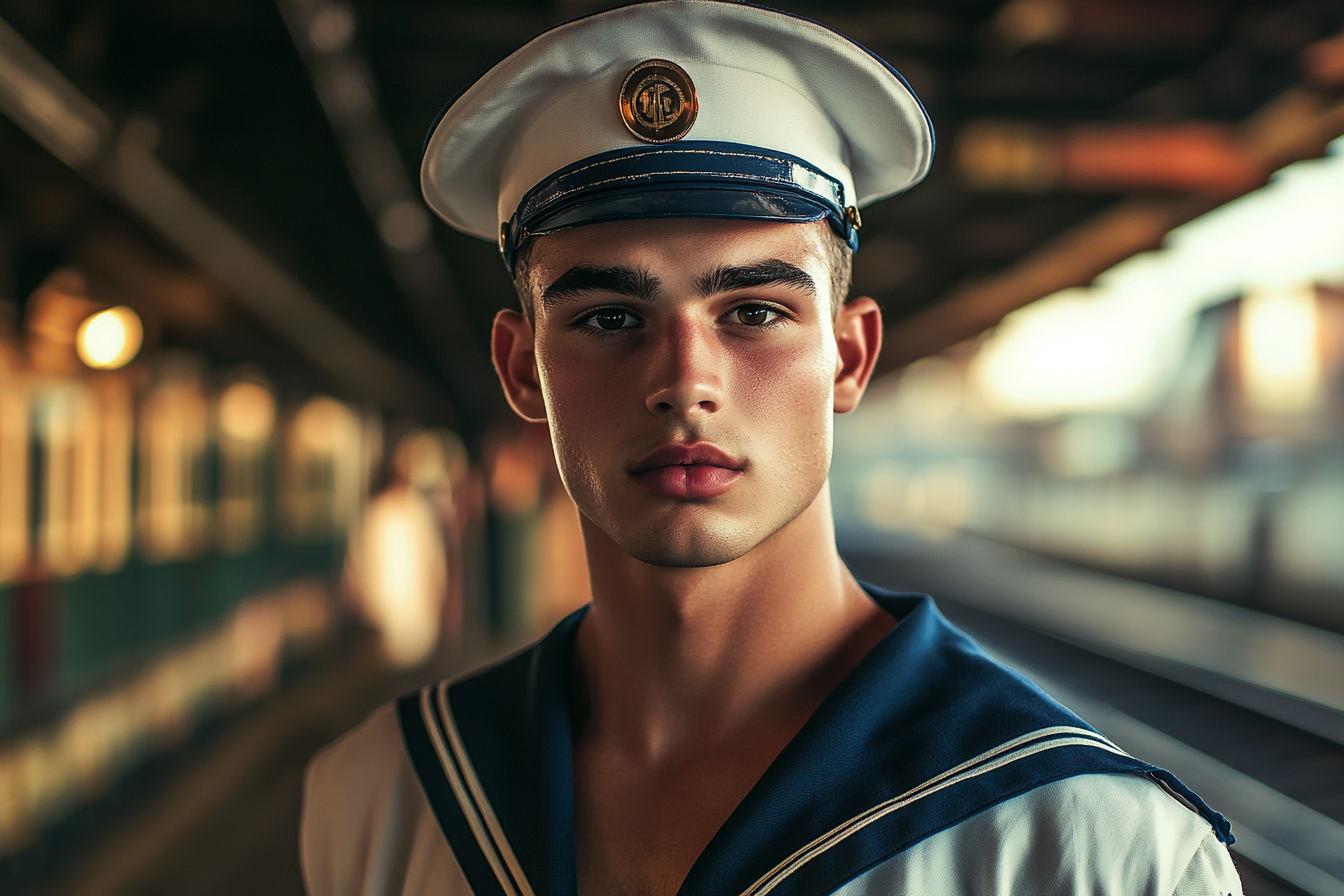 A handsome sailor in a train station looking determined | Source: Midjourney