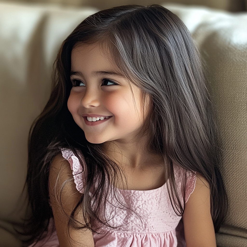 A little girl sitting on a couch | Source: Midjourney