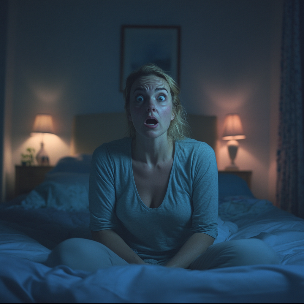 A shocked woman sitting on her bed | Source: Midjourney