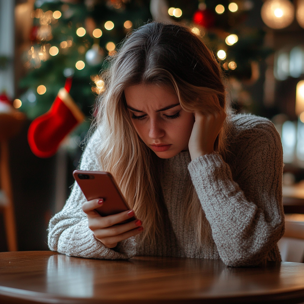 A nervous woman looking at her phone | Source: Midjourney