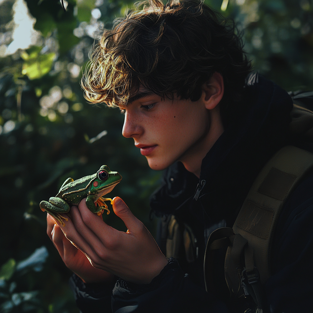 A boy holding a green frog | Source: Midjourney