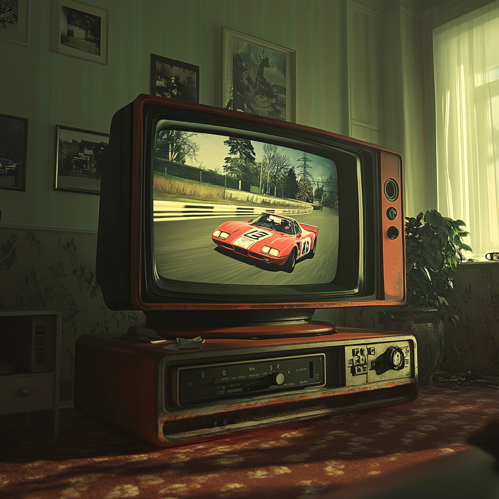 A TV screen flashing a car leading the race in a game | Source: Midjourney