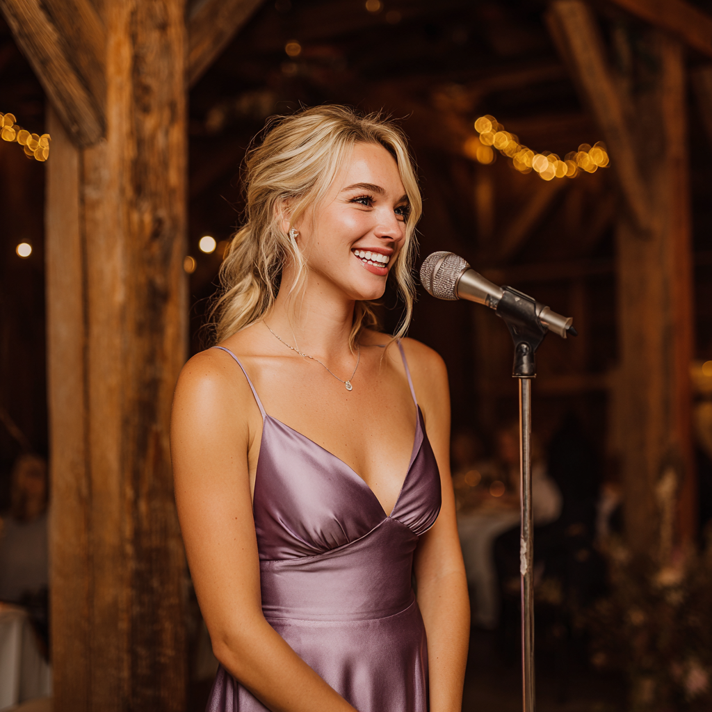 A smiling maid of honor giving a speech | Source: Midjourney