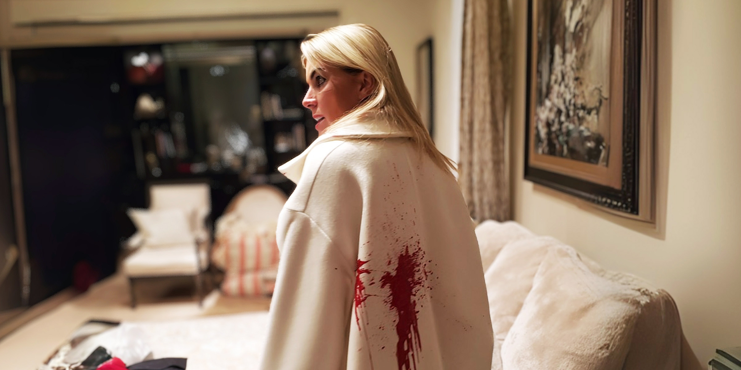 A shocked woman with a paint splatter on her coat | Source: Midjourney