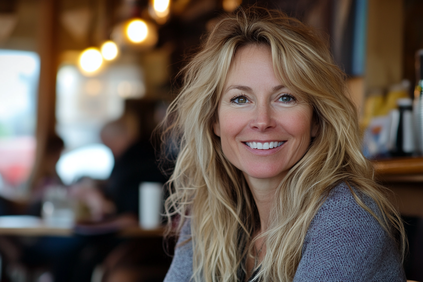 A smiling woman in a coffee shop | Source: Midjourney