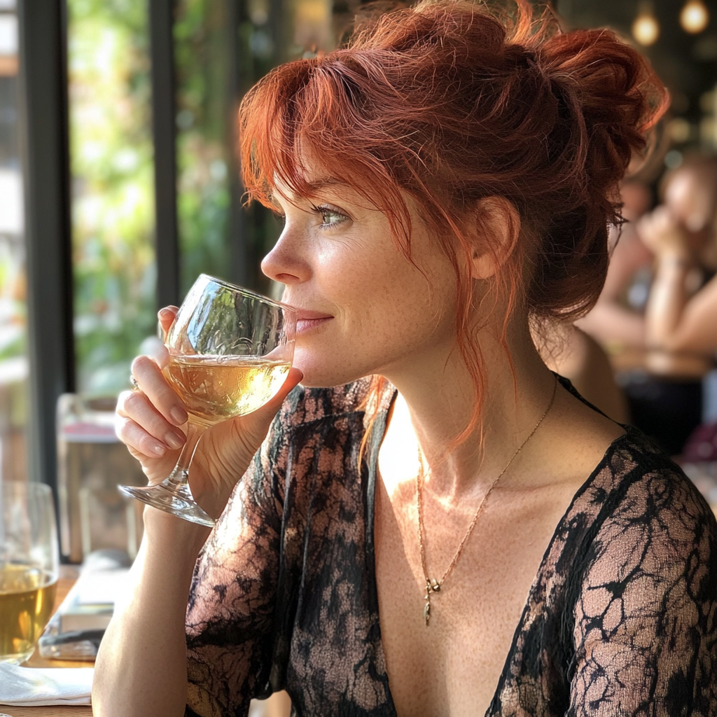 A woman sipping a glass of wine | Source: Midjourney