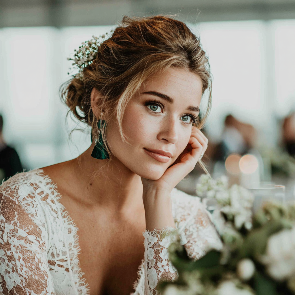 A bride sitting at a table at her wedding reception | Source: Midjourney
