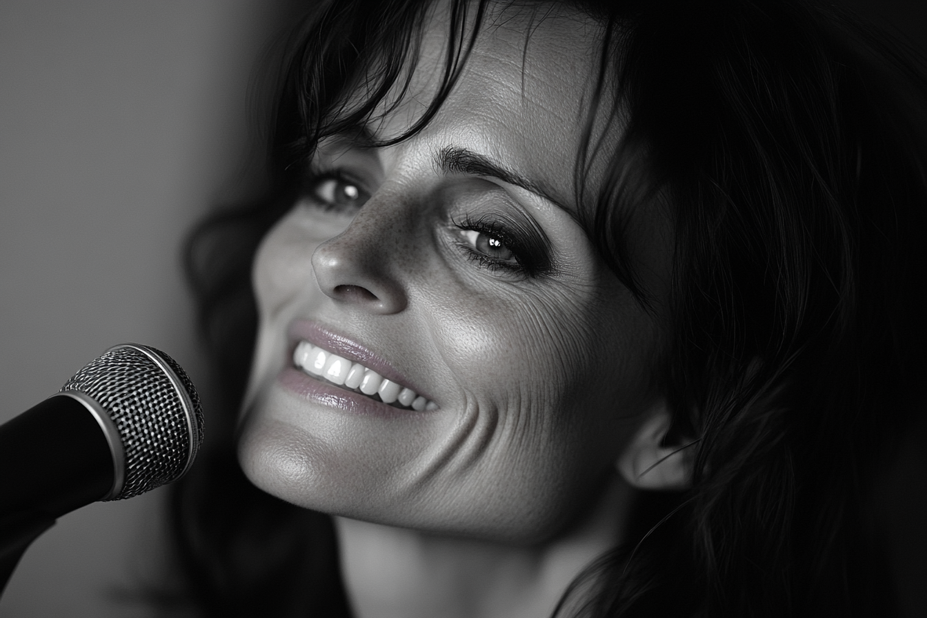 A woman smiling at someone while standing in front of a microphone | Source: Midjourney