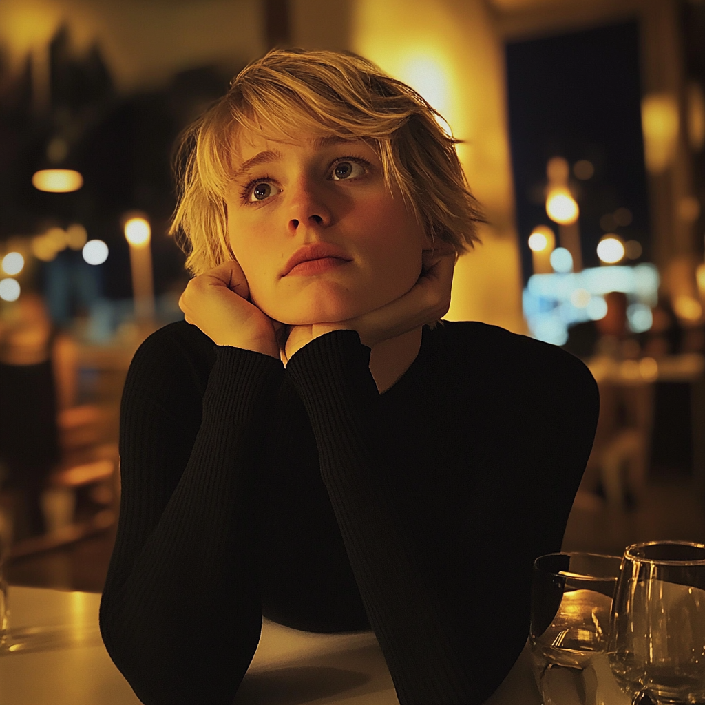 A woman sitting at a restaurant | Source: Midjourney