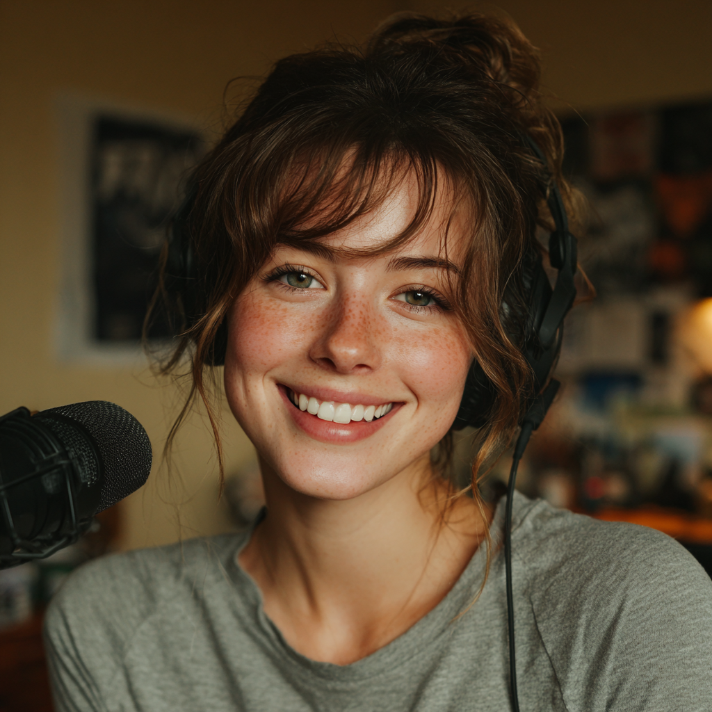 A happy woman recording herself | Source: Midjourney
